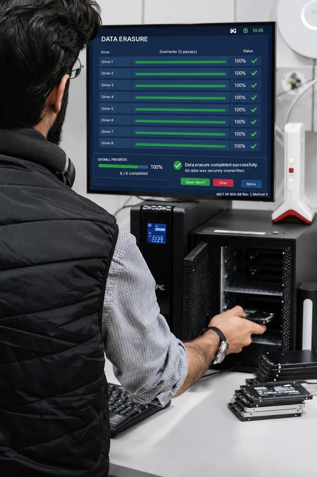 Technician loading drives into an erasure station showing all eight drives erased