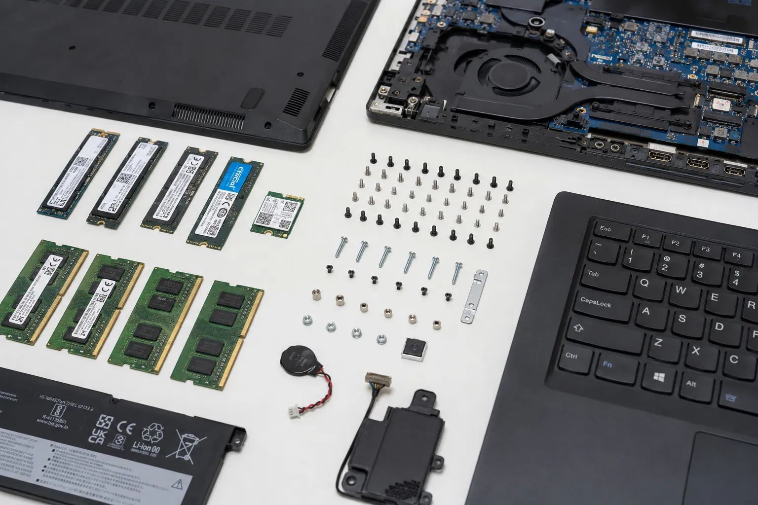 A laptop taken apart into memory, storage, screws and battery